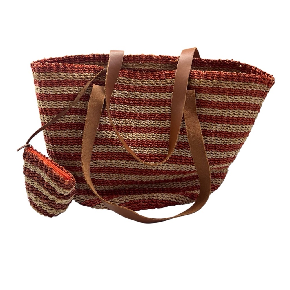 J. Crew Striped Woven Tote with Leather Straps - Red & Tan
